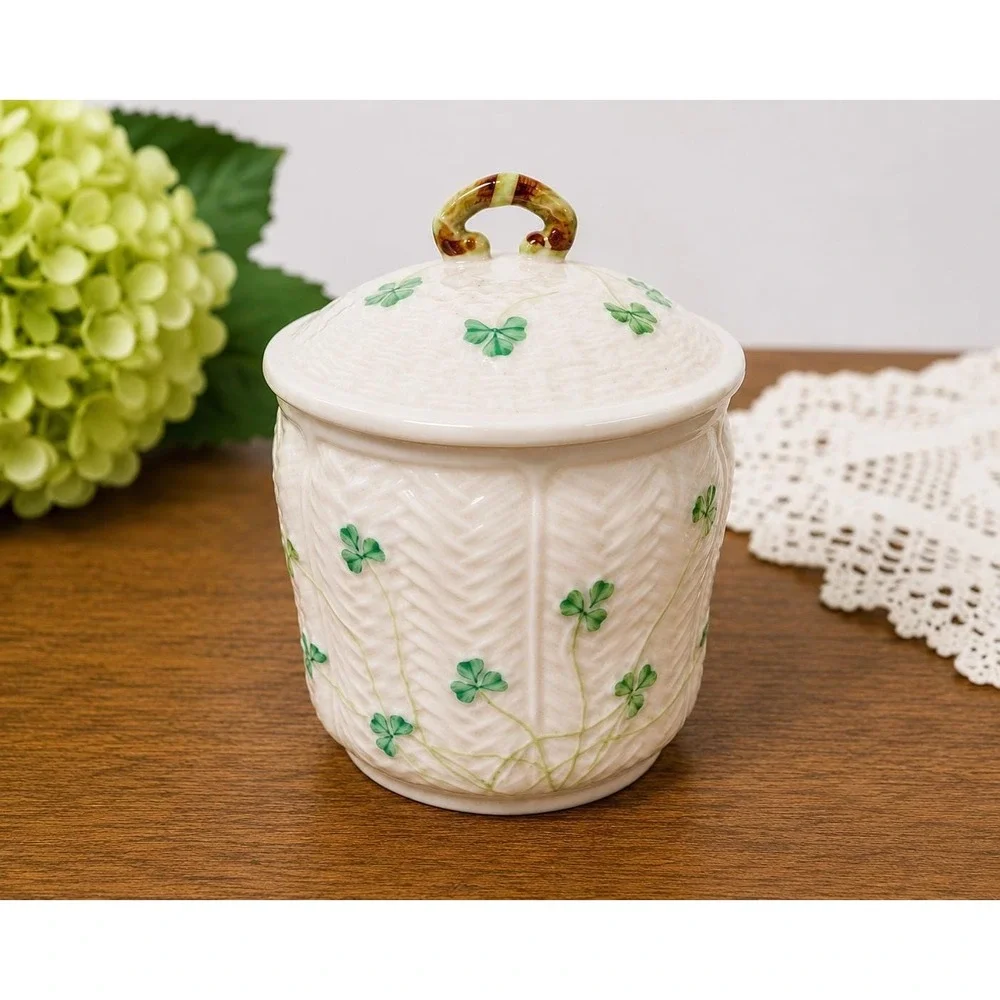 VTG Belleek Ireland Shamrock Covered Sugar Bowl basketweave Porcelain Trinket